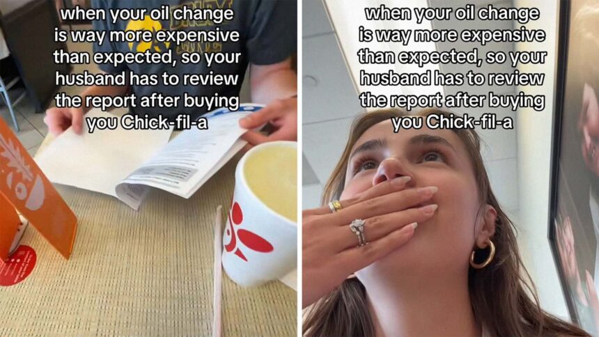 her dealership oil change was more than she expected then her husband has to review the paperwork at chick fil a 68896ee2bdce6