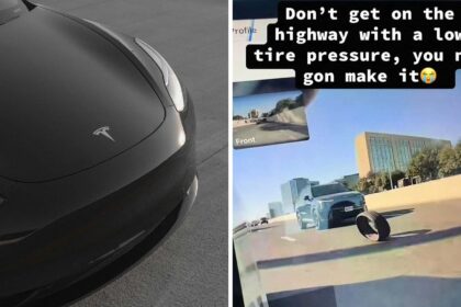shoutout to the kia tesla gets on highway with low tire pressure her dashcam captures the harrowing moment things go south 6898605f7b438