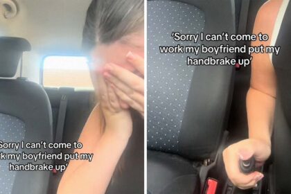 sorry i cant come to work womans boyfriend parks her car then she realizes that he cranked the parking brake way too hard 6891c9f46408e