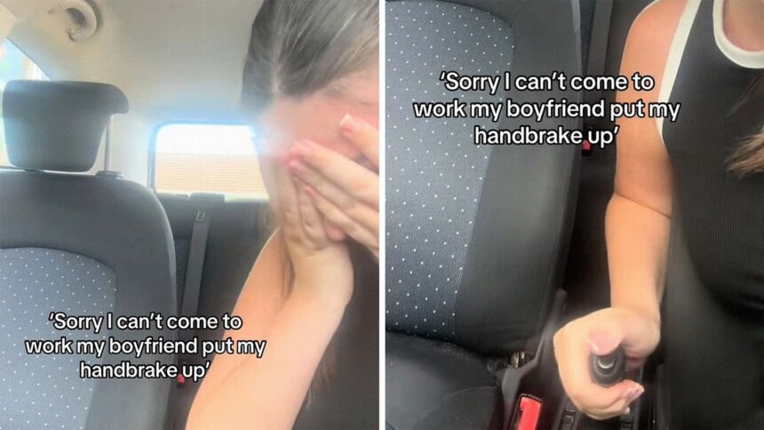 sorry i cant come to work womans boyfriend parks her car then she realizes that he cranked the parking brake way too hard 6891c9f46408e