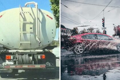 what is a tanker truck why are you stuck behind one while it just sprays cars with water 68c48a61b29dc
