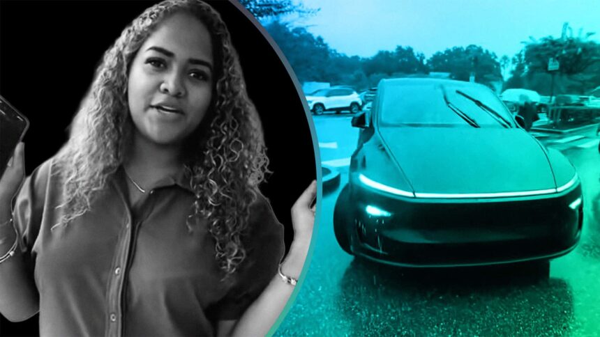 woman walks outside in the rain then she summons her tesla to pick her up 68c47524cfd85