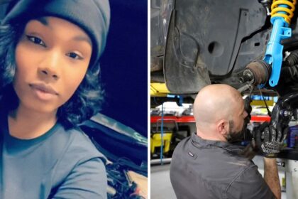 let it happen georgia woman takes her truck to get an oil change then she notices its slipping off the lift 68e2eb03784c5